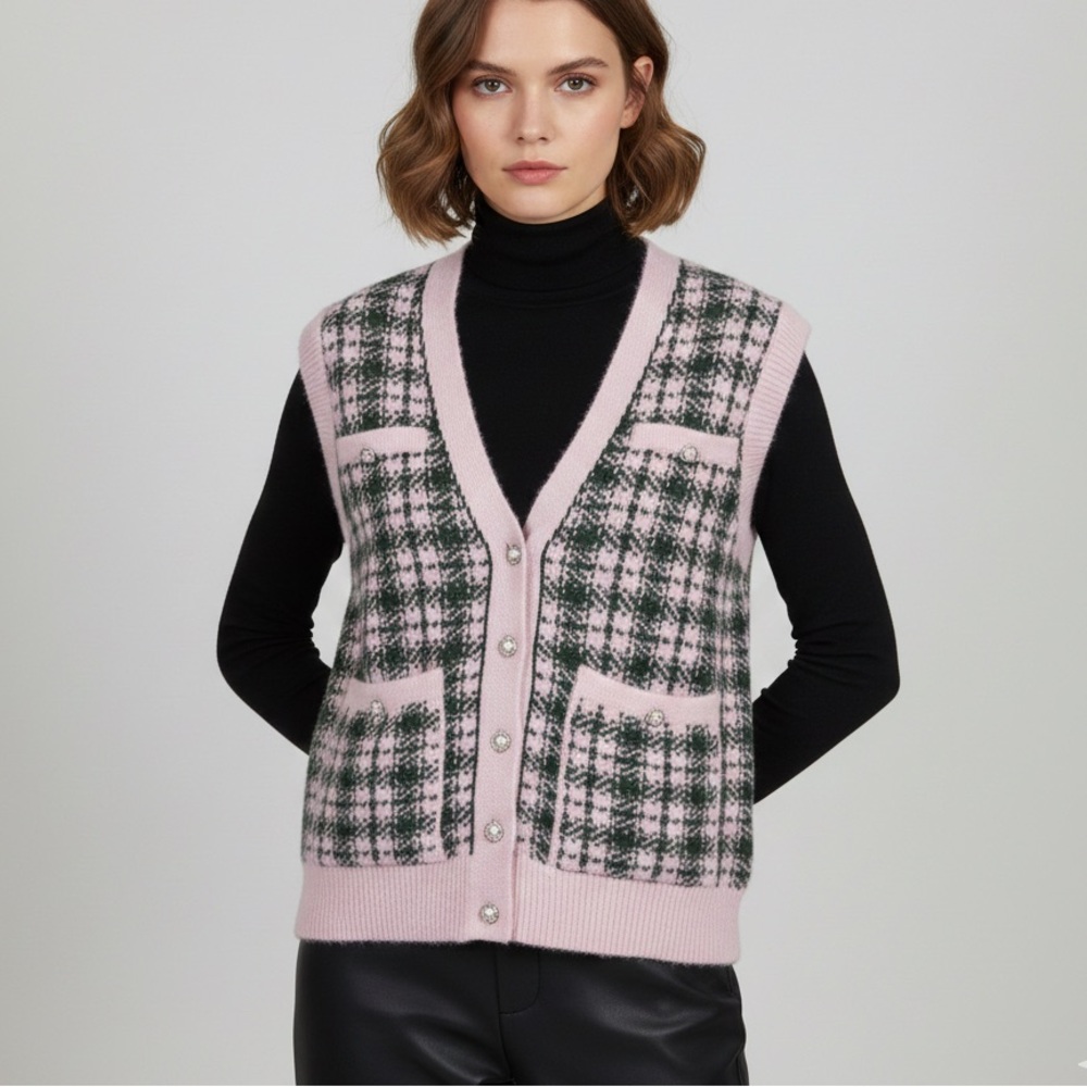 Zara plaid knit fuzzy academia vest with pearl buttons size small
